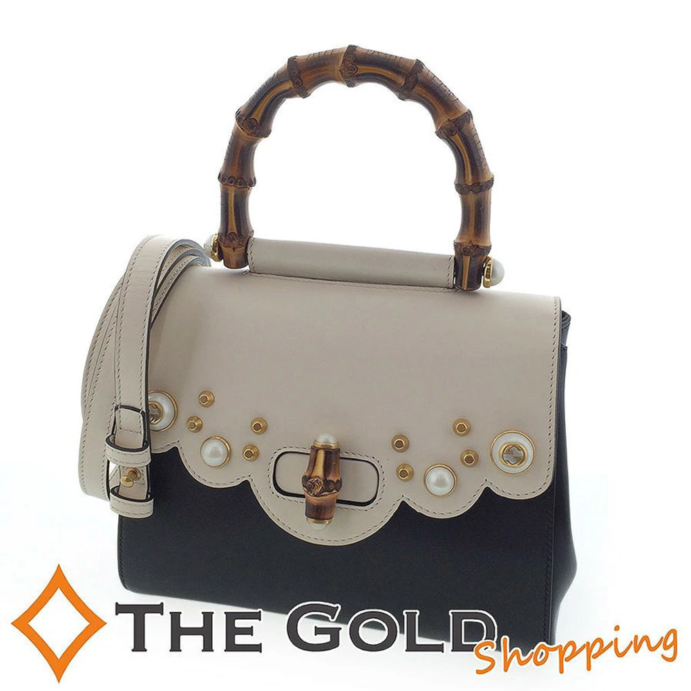 Gucci Limited Bamboo Top Handle Bag Nymwear Pearl Leather Bicolor Gold Black